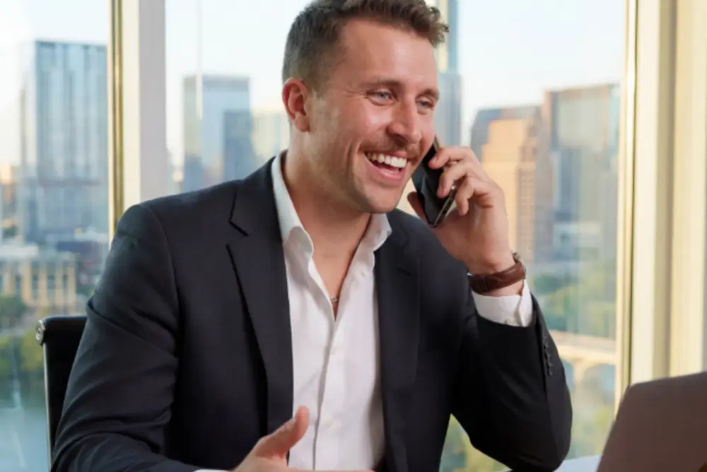 A loan officer talking with clients